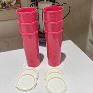 Tupperware Pink Tall Tumblers with White Lids